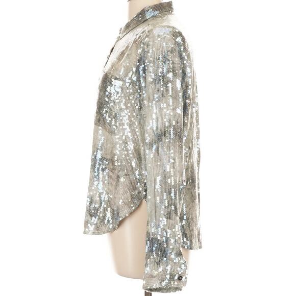 Anthropologie Pilcro Silver and Gray Sequin Button Up Blouse Shirt Sz Large NEW - Picture 6 of 14